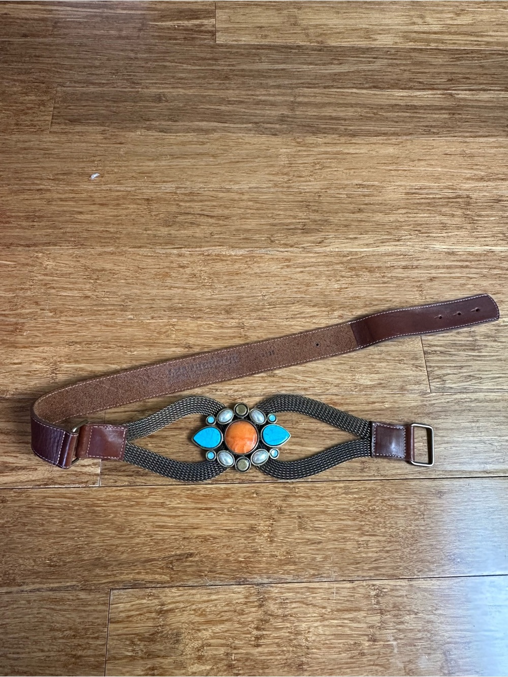 LEATHER ROCK Women M Statement Western Boho Brown Leather Belt Stone Accent